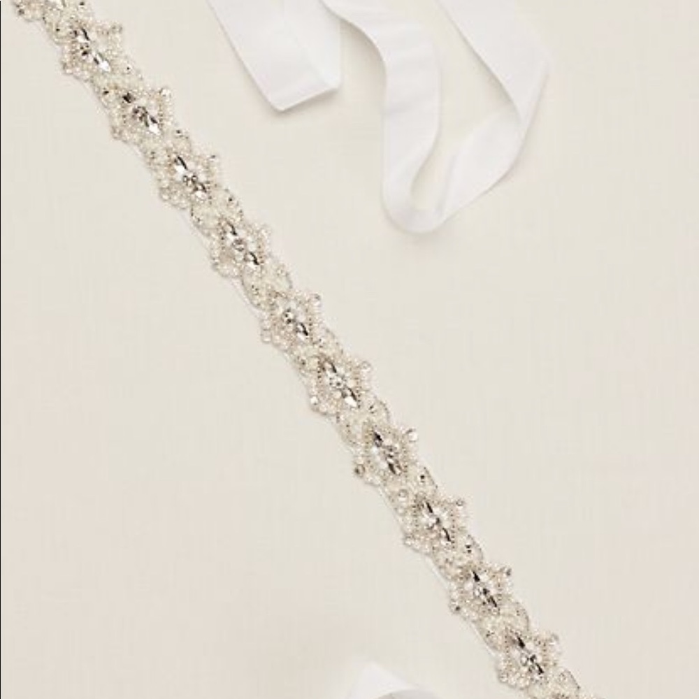 Pearl and crystal beaded sash, ivory ribbon.
